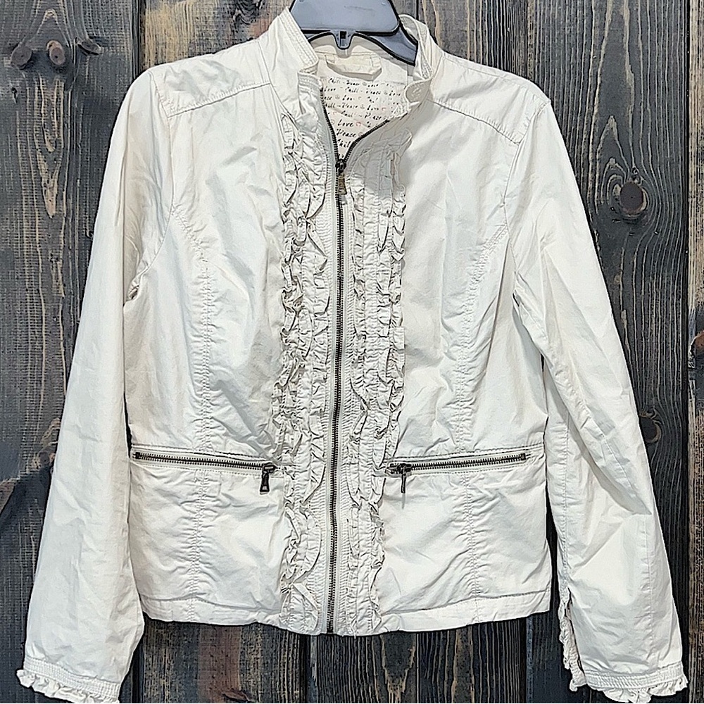 Peace Love Chill Jacket M Cream Ivory Zip Front Ruffles Pockets Boho‎ Moto Style